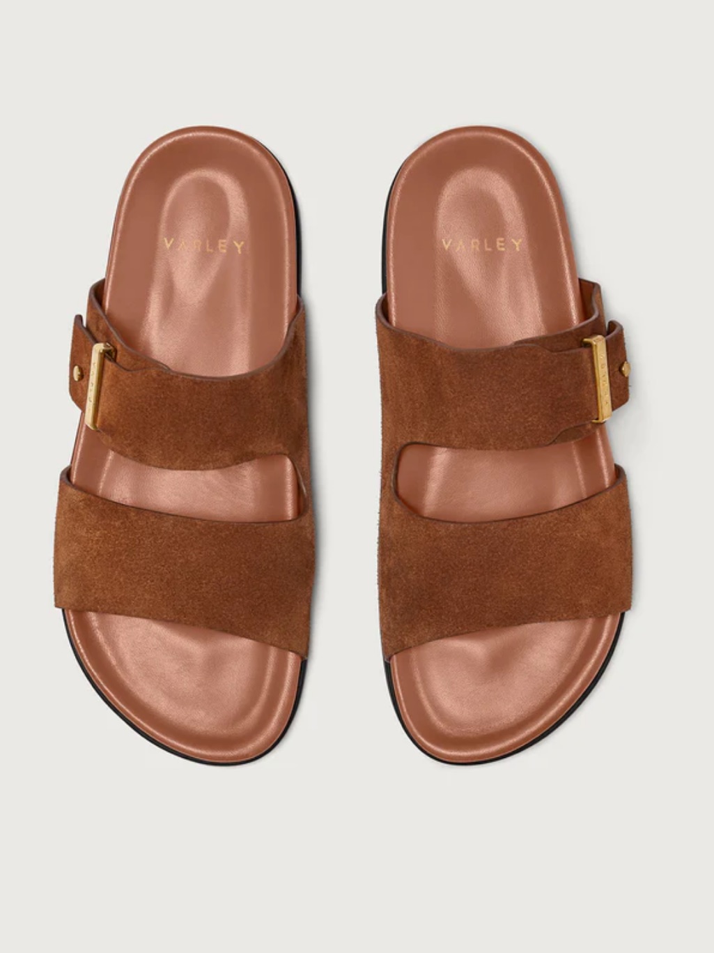 Varley Tan Suede Double-Strap Slide Sandals With Gold Buckle